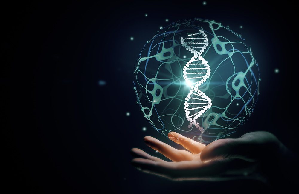 A hand is shown holding a glowing sphere with a double helix DNA structure inside. The background is dark, emphasizing the illuminated DNA and intricate network patterns that surround it within the sphere, symbolizing advanced Biosoft applications in genetics research.