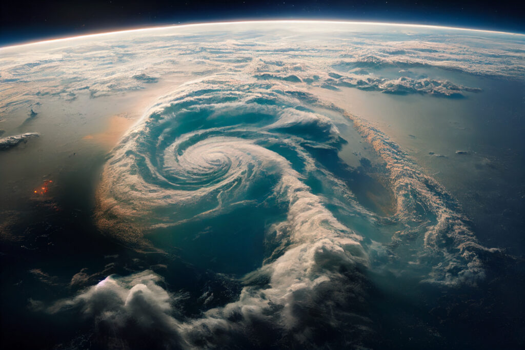 A stunning view of a massive, swirling hurricane observed from space, showcasing its eye and spiral cloud bands over the ocean. The curvature of the Earth is visible, with the atmosphere creating a glowing horizon as sunlight illuminates the scene, reminiscent of atmospheric rivers in weather modeling simulations.