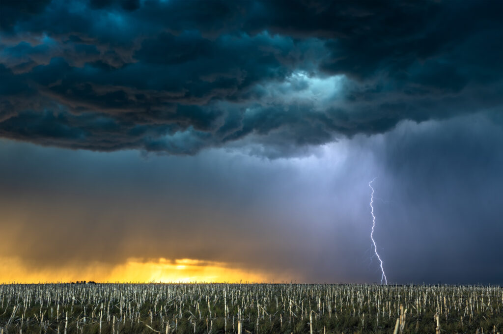 A dramatic sky with dark, ominous clouds hovers over a vast field of cornstalks. A bright bolt of lightning strikes amidst the storm, resembling the raw energy of high-power cloud computing, while a warm, golden light from the setting or rising sun contrasts with the stormy sky on the horizon.