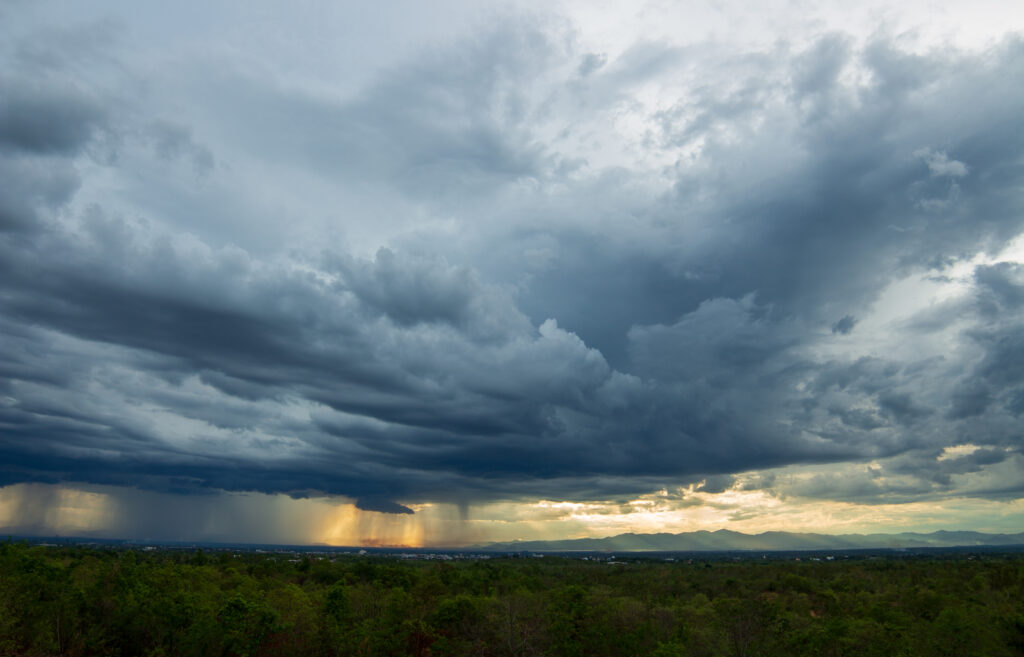 A dramatic landscape shows dark storm clouds gathering above a vast forest. Sunlight pierces through in the distance, illuminating patches of rain falling from the sky. Mountains are faintly visible on the horizon under the ominous sky, as if nature itself is striving for the greater good.