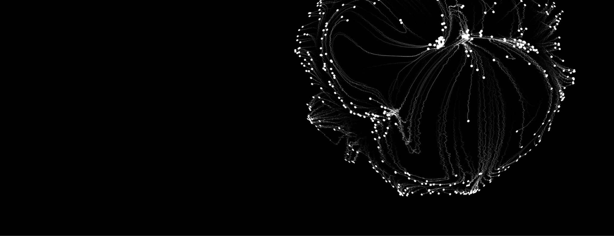 Abstract digital art featuring white particles and lines forming intricate patterns against a black background. Like an auto draft, the cluster of lines and dots effortlessly creates a spherical shape on the right side of the image, resembling a stylized, glowing jellyfish.